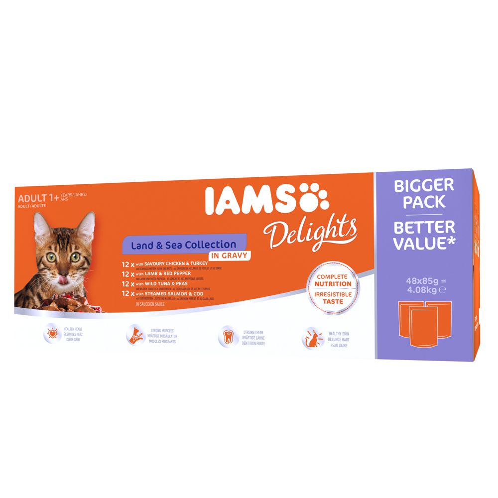IAMS Delights Wet Cat Food Mega Pack 48 x 85g - Land & Sea Collection in Gravy